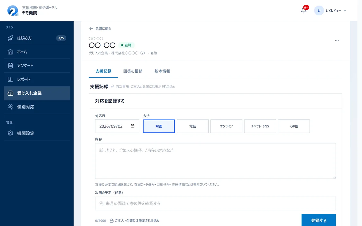 お一人の個人ページ。最初に支援記録のタブが開き、対応日・方法（対面・電話・オンライン・チャット・その他）・内容・次回の予定を記録する画面